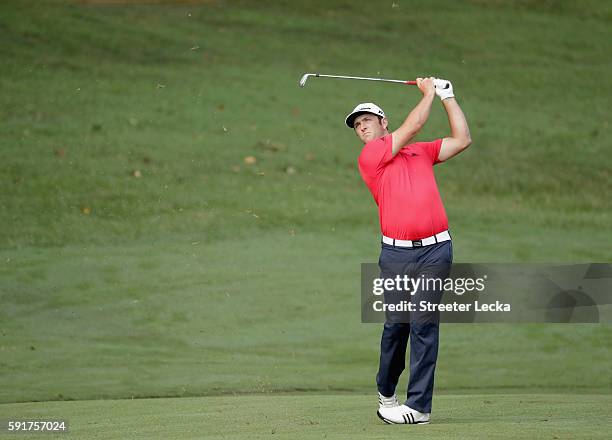 Jon Rahm hits a shot on the 10th hole during the first round of the Wyndham Championship at Sedgefield Country Club on August 18, 2016 in Greensboro,...
