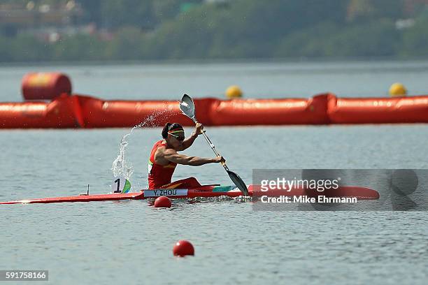 Yu Zhou of China competes during the Women's Kayak Single 500m Final at the Lagoa Stadium on Day 13 of the 2016 Rio Olympic Games on August 18, 2016...