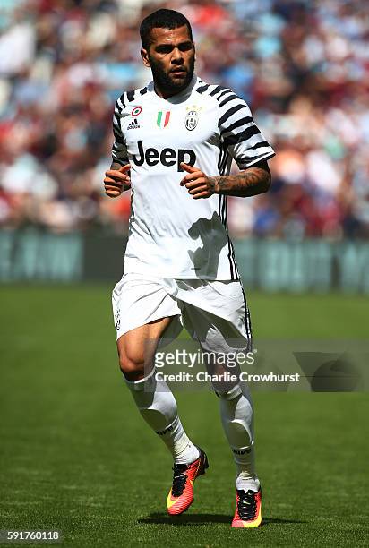 Dani Alves of Juventus in action during the Pre-Season Friendly between West Ham United and Juventus at The Olympic Stadium on August 7, 2016 in...