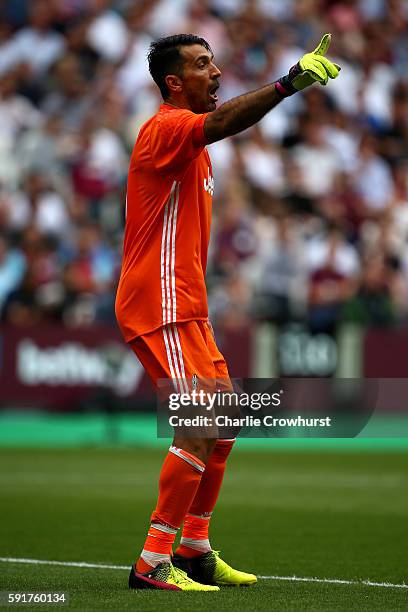 Gianluigi Buffon of Juventus in action during the Pre-Season Friendly between West Ham United and Juventus at The Olympic Stadium on August 7, 2016...