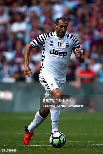 Giorgio Chiellini of Juventus in action during the Pre-Season Friendly between West Ham United and Juventus at The Olympic Stadium on August 7, 2016...