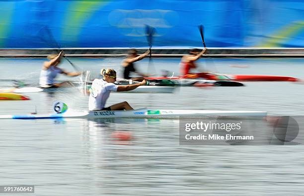 Danuta Kozak of Hungary competes during the Women's Kayak Single 500m Final at the Lagoa Stadium on Day 13 of the 2016 Rio Olympic Games on August...