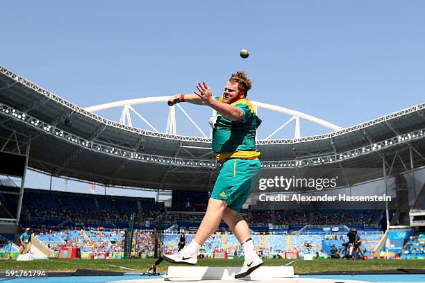Damien Birkinhead of Australia competes in Men's Shot Put Qualifying on Day 13 of the Rio 2016 Olympic Games at the Olympic Stadium on August 18,...