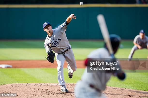 Starting pitcher Drew Smyly of the Tampa Bay Rays pitches to Rajai Davis of the Cleveland Indians during the first inning at Progressive Field on...