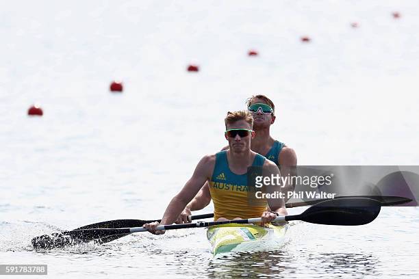 Jordan Wood and Daniel Bowker of Australia compete during the Men's Kayak Double 200m Final B at the Lagoa Stadium on Day 13 of the 2016 Rio Olympic...