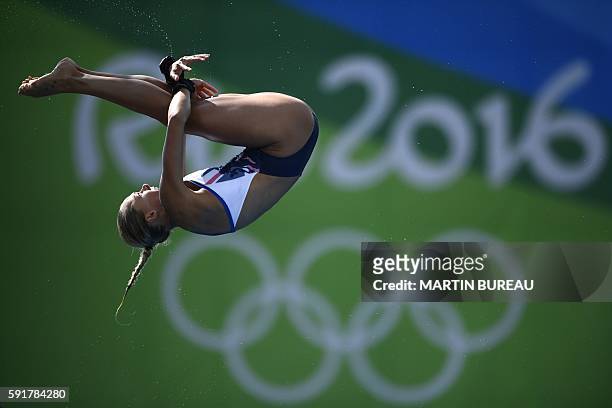 Britain's Tonia Couch takes part in the Women's 10m Platform Semifinal during the diving event at the Rio 2016 Olympic Games at the Maria Lenk...
