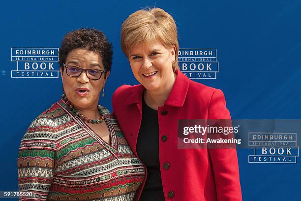 Prime Minister of Scotland Nicola Sturgeon and the poet and novelist Jackie Kay attend the Edinburgh International Book Festival on August 18, 2016...