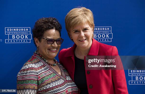 Prime Minister of Scotland Nicola Sturgeon and the poet and novelist Jackie Kay attend the Edinburgh International Book Festival on August 18, 2016...