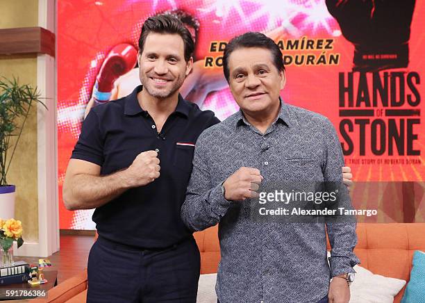 Edgar Ramirez and Roberto Duran are seen on the set of "Despierta America" to promote the film "Hands of Stone" at Univision Studios on August 18,...