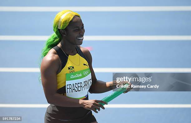 Rio , Brazil - 18 August 2016; Shelly-Ann Fraser-Pryce of Jamaica after winning Heat 1 of the Women's 4x100m relay in the Olympic Stadium, Maracanã,...