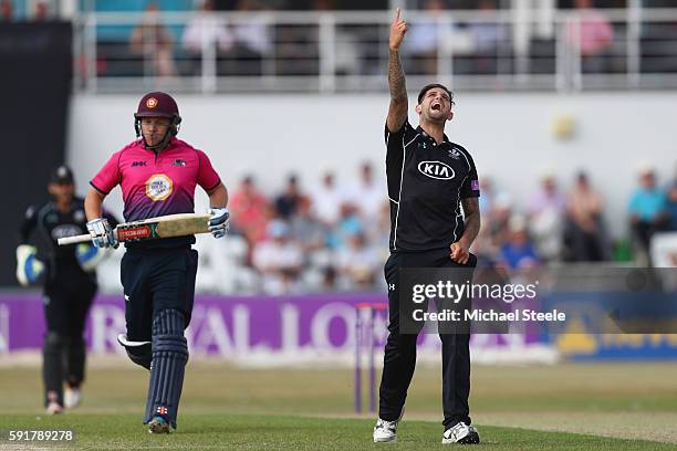 Jade Dernbach of Surrey celebrates taking the wicket of Adam Rossington of Northants during the Royal London One-Day Cup Quarter Final match between...