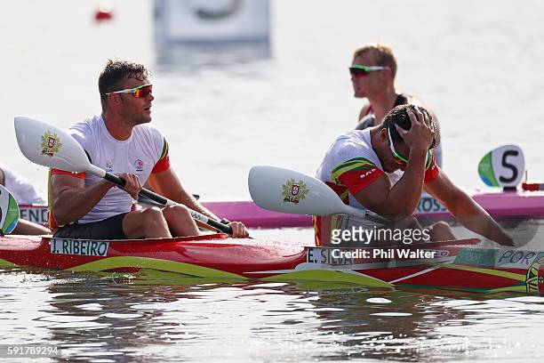 Emanuel Silva and Joao Ribeiro of Portugal react during the Men's Kayak Double 1000m Final at the Lagoa Stadium on Day 13 of the 2016 Rio Olympic...