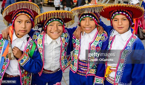 boys dressed in traditional peruvian costumes - traditional dancing stock pictures, royalty-free photos & images