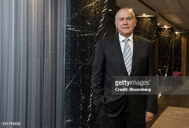 Christo Wiese, billionaire and chairman of Steinhoff Holdings NV, poses for a photograph following a Bloomberg Television interview at the Pepkor...