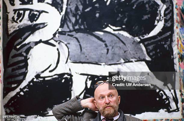 Pierre Alechinsky, Belgian painter in his studio in Bougival in April 1982.