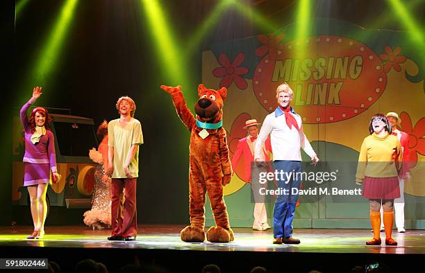 Cast members Charlie Bull, Charlie Haskins, Scooby-Doo, Chris Warner Drake and Rebecca Withers attends the press night curtain call and after party...