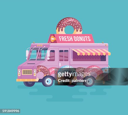 Vector Colorful Flat Donut Truck Cartoon Food Truck Illustration High-Res  Vector Graphic - Getty Images