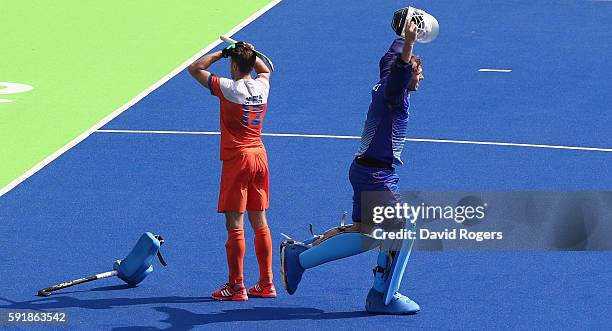 Nicolas Jacobi the Germany goalkeeper celebrates after saving the shot from Sander de Wijn to win the penalty shoot out during the Men's Bronze Medal...