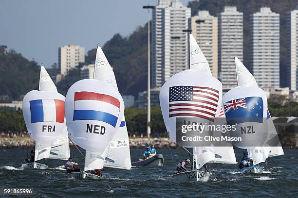 The Women's 470 class medal race gets underway at the Marina da Gloria on Day 13 of the 2016 Rio Olympic Games on August 18, 2016 in Rio de Janeiro,...