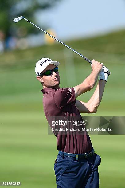 Rhys Davies of Wales hits his third shot on the 9th hole during the first round of the D+D REAL Czech Masters at Albatross Golf Resort on August 18,...