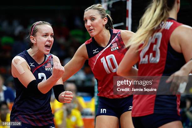 Kayla Banwarth of United States celebrates while taking on Serbia while taking on Serbia in the Women's Volleyball Semifinal match at the...