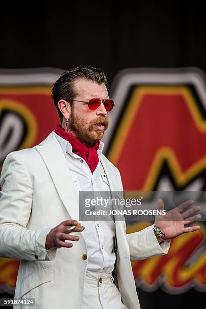 Musician Jesse Hughes of the band Eagles of Death Metal performs during the first day of the three-day Pukkelpop music festival in Hasselt on August...