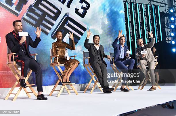 Actor Zachary Quinto, Actress Zoe Saldan, Director Justin Lin, Actor Chris Pine and Actor Simon Peg attend the press conference of the Paramount...
