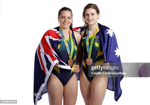 Women's Diving Synchronised 3m Springboard Bronze medalists Anabelle Smith and Maddison Keeney of Australia pose during a portrait session on August...