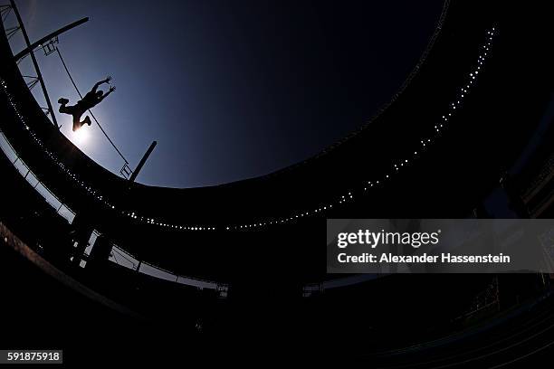 Ashton Eaton of the United States competes in the Men's Decathlon Pole Vault on Day 13 of the Rio 2016 Olympic Games at the Olympic Stadium on August...