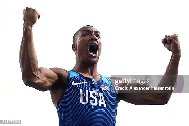 Ashton Eaton of the United States celebrates during the Men's Decathlon Pole Vault on Day 13 of the Rio 2016 Olympic Games at the Olympic Stadium on...