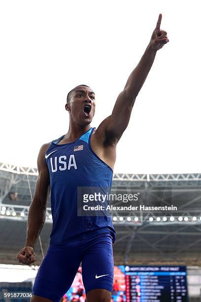 Ashton Eaton of the United States celebrates during the Men's Decathlon Pole Vault on Day 13 of the Rio 2016 Olympic Games at the Olympic Stadium on...