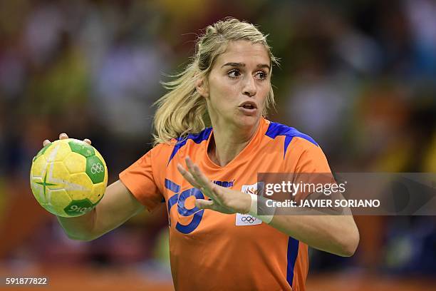 Netherlands' left back Estavana Polman prepares to shoot during the women's semifinal handball match Netherlands vs France for the Rio 2016 Olympics...
