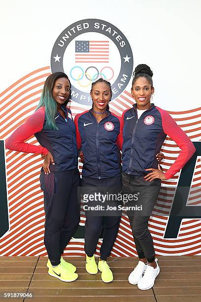 Olympians Nia Ali, Brianna Rollins and Kristi Castlin pose for a photo at the USA House at Colegio Sao Paulo on August 5, 2016 in Rio de Janeiro,...