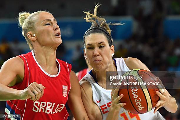 Serbia's point guard Milica Dabovic holds off Spain's guard Anna Cruz during a Women's semifinal basketball match between Spain and Serbia at the...