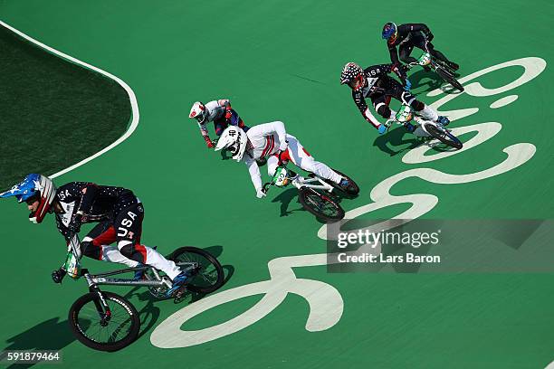 Tore Navrestad of Norway leads the field in the Cycling BMX - Men's Quarterfinals on Day 13 of the 2016 Rio Olympic Games at Olympic BMX Centre on...