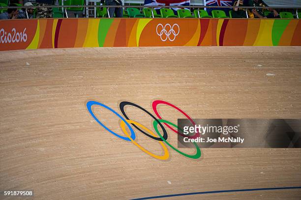Summer Olympics: View of Olympic rings logo on track at Rio Olympic Velodrome. Rio de Janeiro, Brazil 8/12/2016 CREDIT: Joe McNally