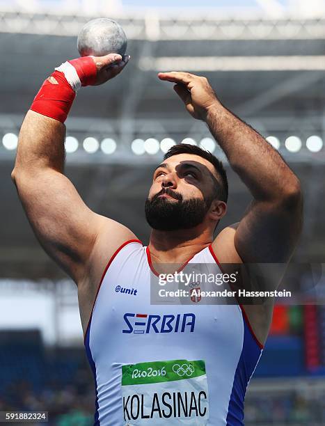 Asmir Kolasinac of Serbia competes in Men's Shot Put Qualifying on Day 13 of the Rio 2016 Olympic Games at the Olympic Stadium on August 18, 2016 in...