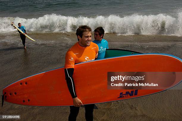 Flea, Geoff Stults and Trevor Wright attend The Rip Curl Malibu Pro hosts Celebrity Surf 'Bout to benefit Heal the Bay at Malibu Surfrider Beach on...