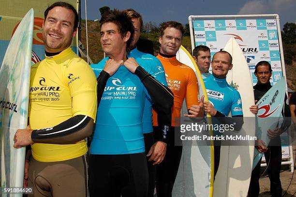 Chris Pontius, Trevor Wright, Josh Cox and Flea attend The Rip Curl Malibu Pro hosts Celebrity Surf 'Bout to benefit Heal the Bay at Malibu Surfrider...