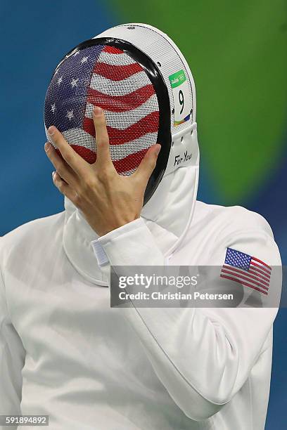 Nathan Schrimsher of the United States competes during the Modern Pentathlon Mens Fencing: classification round on Day 13 of the Rio 2016 Olympic...