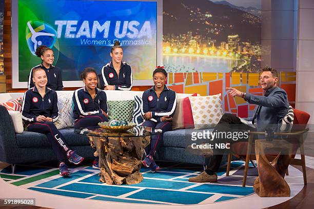 Pictured: U.S. Gymnasts Madison Kocian, Laurie Hernandez, Gabby Douglas, Aly Raisman, and Simone Biles during an interview with Ryan Seacrest on...