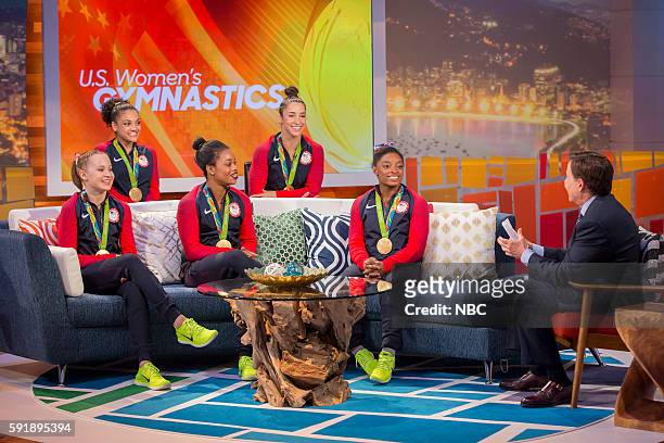 Pictured: U.S. Gymnasts Madison Kocian, Laurie Hernandez, Gabby Douglas, Aly Raisman, and Simone Biles during an interview with Bob Costas on August...