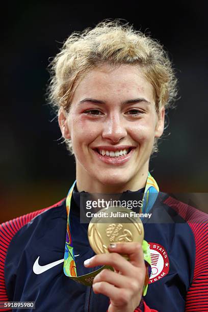Gold medalist Helen Louise Maroulis of the United States celebrates during the medal ceremony after the Women's Freestyle 53 kg competition on Day 13...