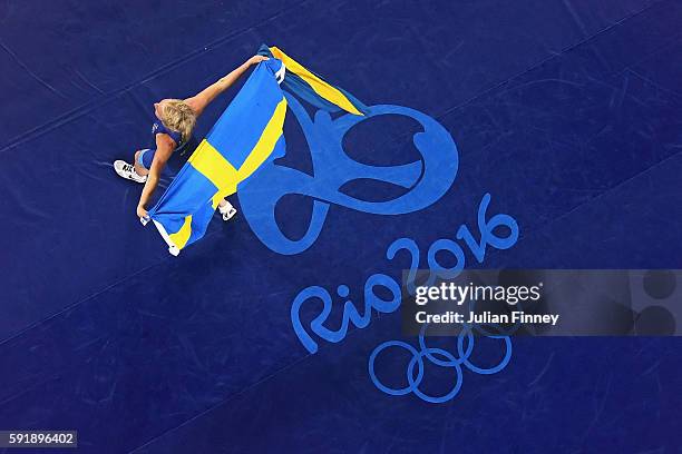 Sofia Magdalena Mattsson of Sweden celebrates after defeating Xuechun Zhong of China during the Women's Freestyle 53 kg Bronze medal match on Day 13...