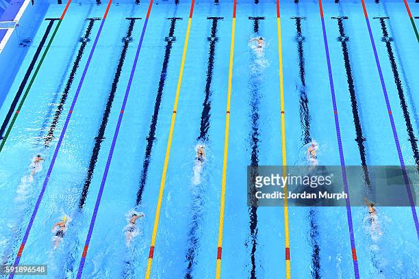 Summer Olympics: Aerial view of USA Katie Ledecky in action during Women's 800M Freestyle Final at the Olympic Aquatics Center. Ledecky wins race by...