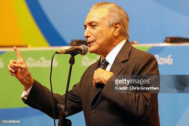 Vice President of Brazil Michel Temer speaks to the media at the Main Press Centre on Day 13 of the Rio 2016 Olympic games on August 18, 2016 in Rio...