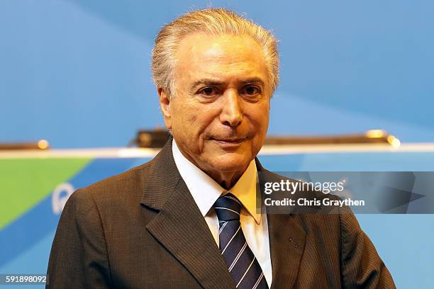 Vice President of Brazil Michel Temer speaks to the media at the Main Press Centre on Day 13 of the Rio 2016 Olympic games on August 18, 2016 in Rio...