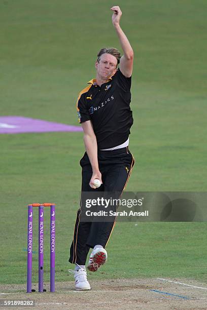 Steven Patterson of Yorkshire bowls during the Royal London One-Day Cup quarter final between Kent v Yorkshire on August 18, 2016 in Canterbury,...