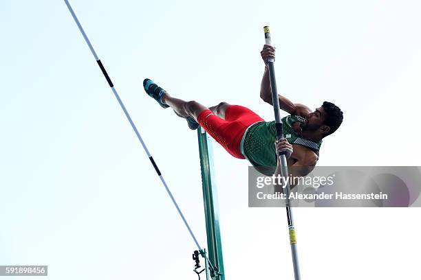 Larbi Bourrada of Algeria competes in the Men's Decathlon Pole Vault on Day 13 of the Rio 2016 Olympic Games at the Olympic Stadium on August 18,...