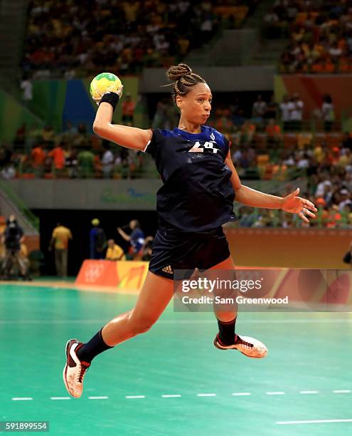 Beatrice Edwige of France attempts a shot during the Women's Handball Semi-final match against the Netherlands at the Future Arena on Day 13 of the...